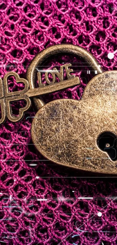 Vintage heart lock with key on a purple texture background.