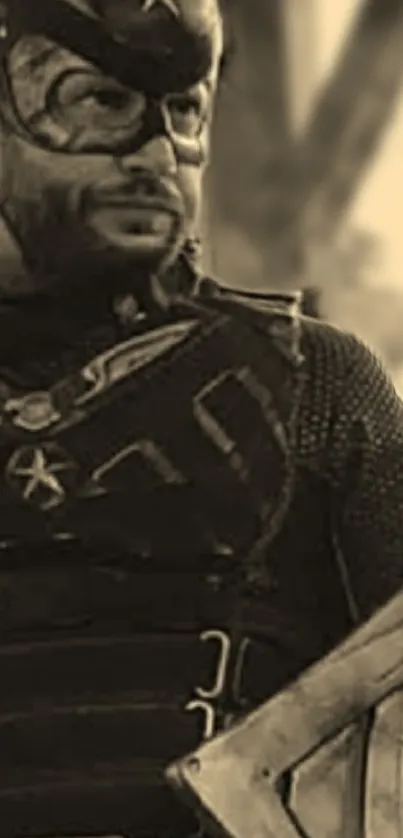 Sepia-toned image of a hero in detailed armor with a shield.