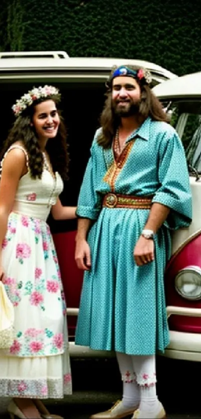 Vintage hippie couple in colorful outfits beside a vibrant red classic van.