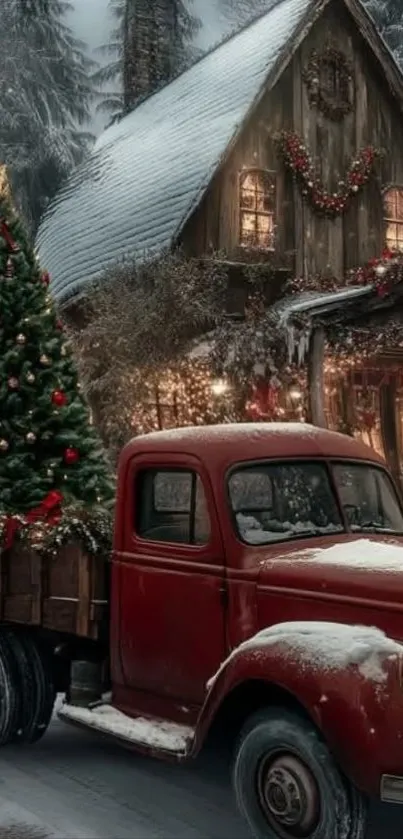 Vintage red truck with a Christmas tree by a snowy holiday cabin.