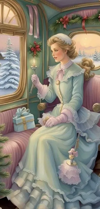 Elegant lady in vintage train, snowy holiday setting.