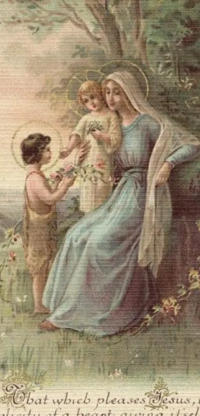 Vintage Holy Family serene art wallpaper with pastel tones.