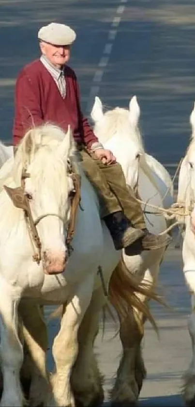 Vintage horseman riding white horses on a country road landscape.