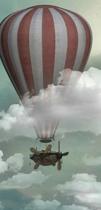 Vintage hot air balloon floating through cloudy sky, mobile wallpaper.