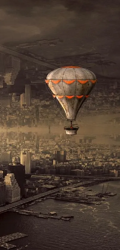 Vintage hot air balloon over abstract cityscape.