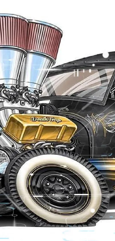 Vintage hot rod illustration with chrome exhaust.