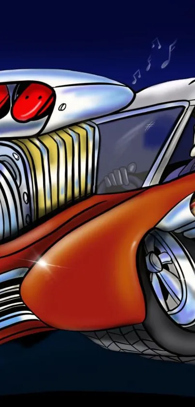 Illustrated vintage hot rod in vibrant colors.