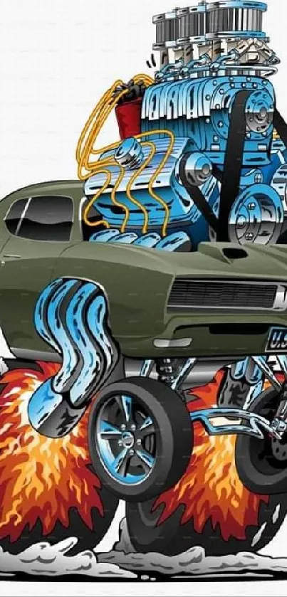 Illustration of a vintage hot rod with burning tires and a powerful engine.