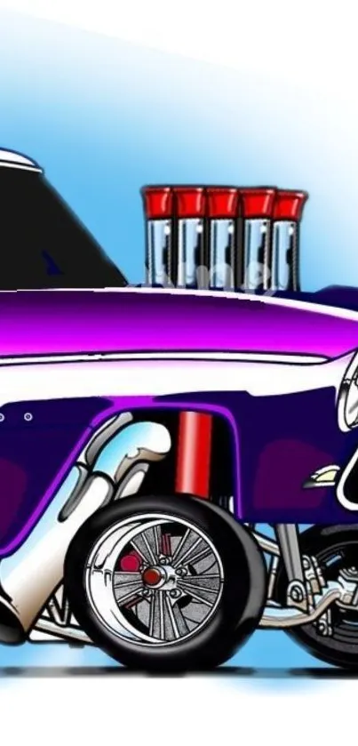 Illustrated vintage hot rod with purple and red accents.