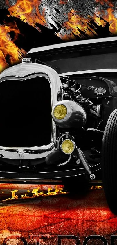 Vintage hot rod with flames mobile wallpaper.