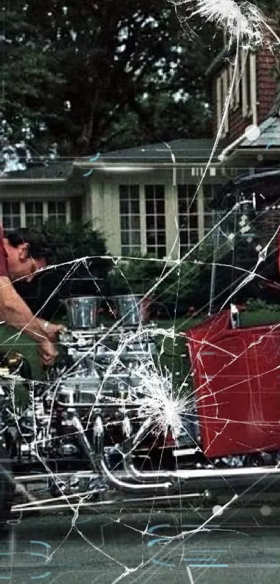 Vintage hot rod scene with classic red car and suburban backdrop.