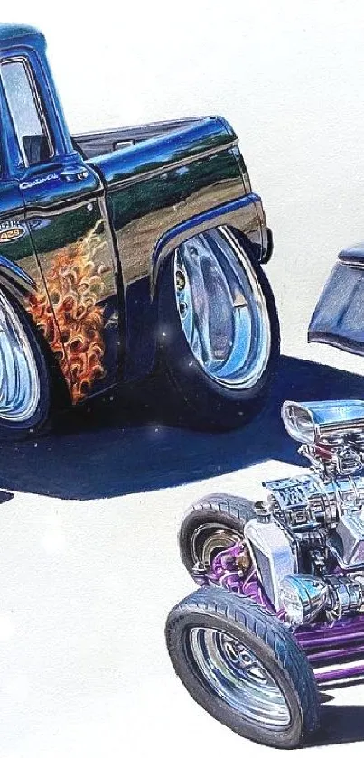 Vintage hot rod illustration with classic cars.