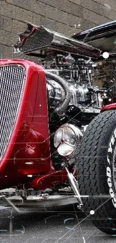 Vintage hot rod with maroon finish on urban street.