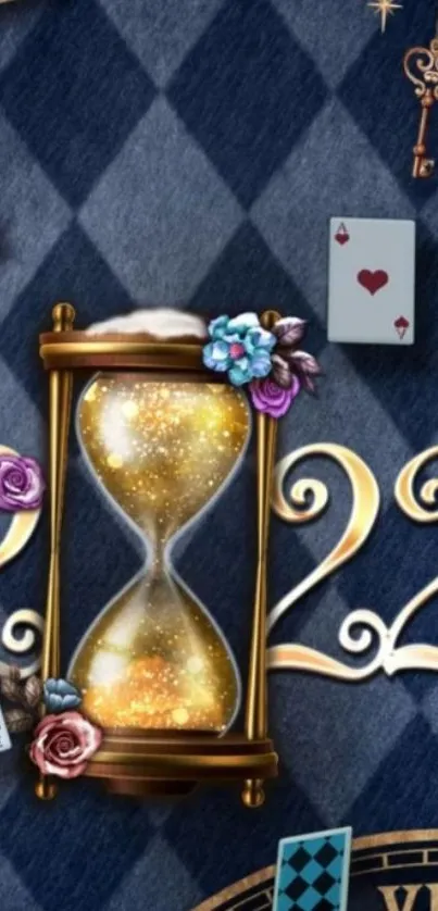 Vintage hourglass with cards and keys on a dark blue background.