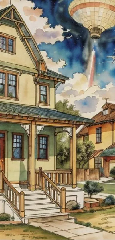 Charming house with fantasy sky scene, featuring aircraft and balloon.