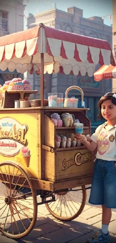 Girl with vintage ice cream cart on a sunny street.