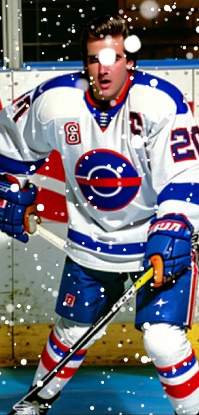 Vintage hockey player in colorful uniform on rink.