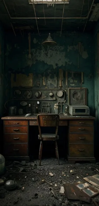 Abandoned industrial office with vintage desk and teal walls.