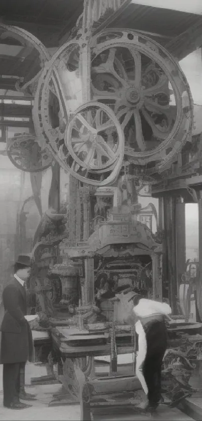 Vintage industrial machinery in monochrome, depicting a historical factory scene.