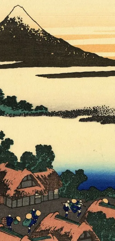 Vintage Japanese landscape artwork with village and mountain.