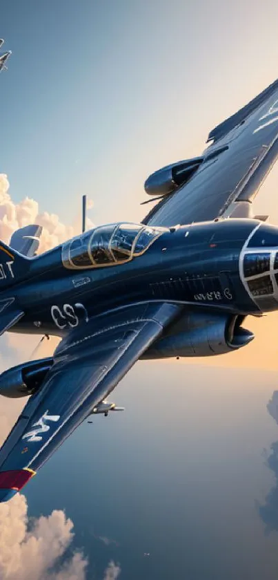 Blue vintage jet soaring above clouds under a clear sky.