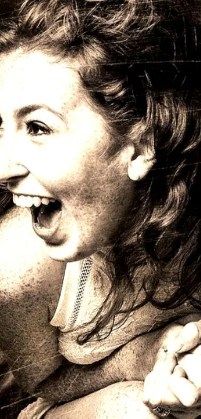 A joyful vintage-style portrait of a laughing woman.