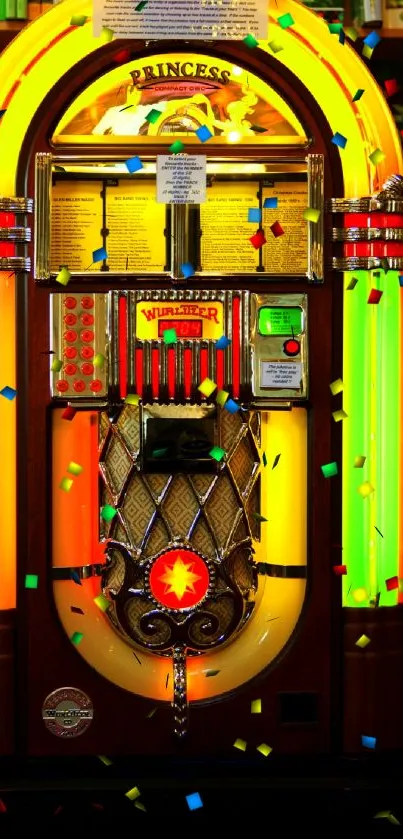 Colorful neon jukebox with books background.