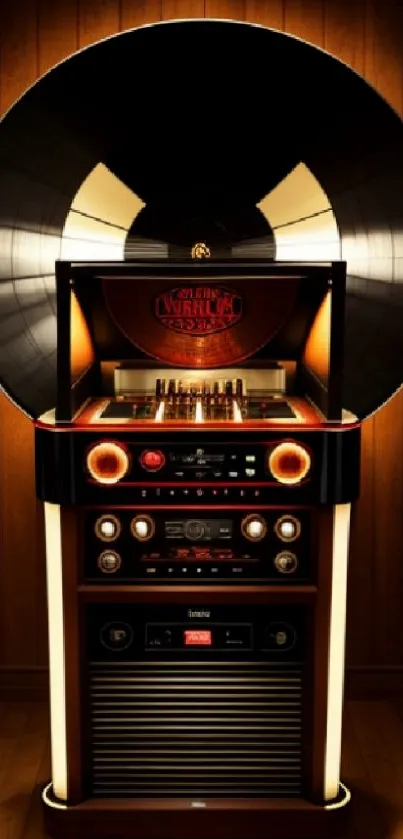 Vintage jukebox with vinyl record wall art in warm brown tones.