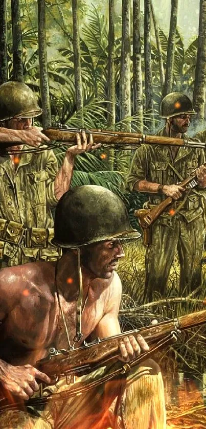 Vintage military artwork featuring soldiers in a jungle setting.