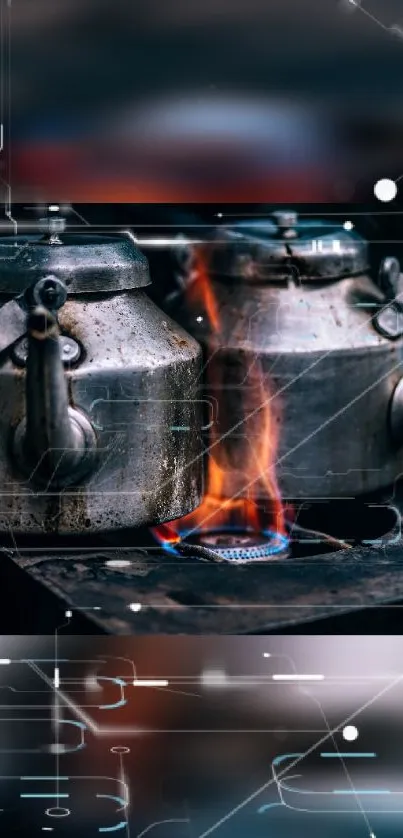 Vintage kettles on a stove with fire.