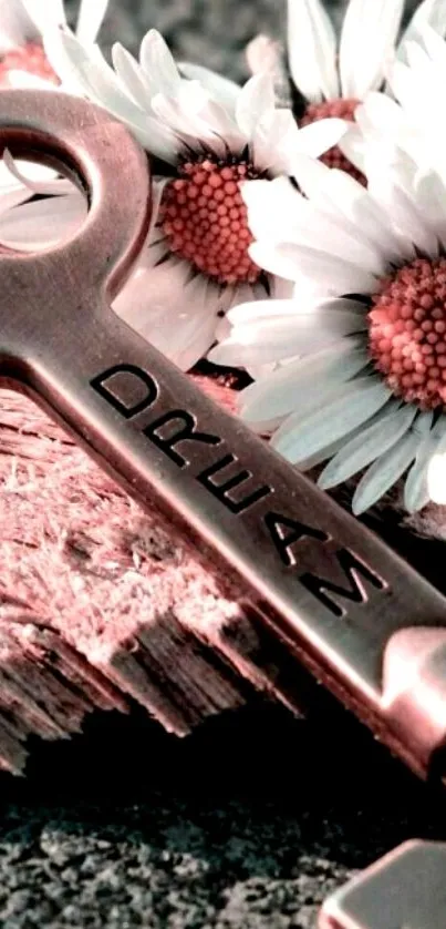 Vintage bronze key on wood with daisies background.