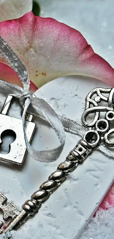 Vintage key and lock on heart with pink petals.