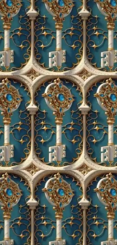 Ornate vintage key pattern in turquoise and gold hues.