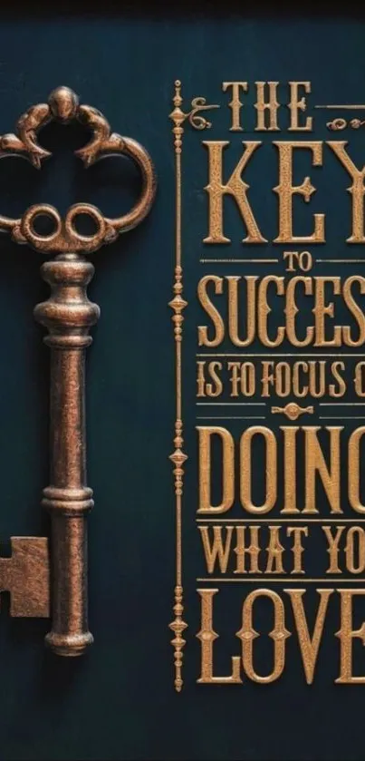 Vintage key with motivational quote on dark teal background.