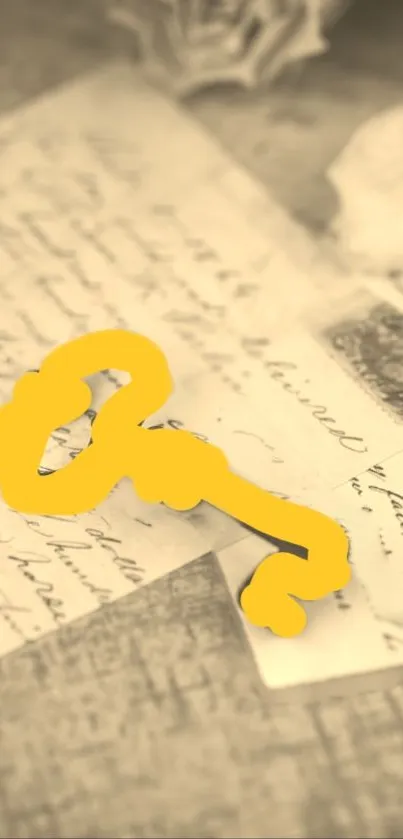 Sepia wallpaper with a yellow key on vintage letters.