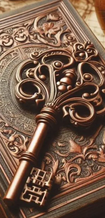 Vintage key on an ornate book cover with intricate details.