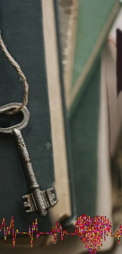 Vintage key on stacked old books, teal tones dominate.
