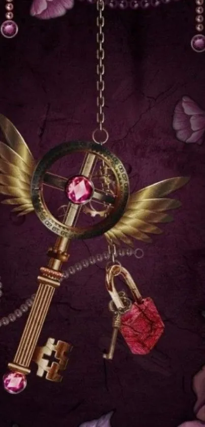 Vintage key with wings on floral purple background.