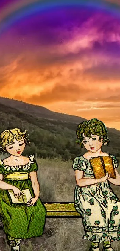 Illustration of two children under a vivid rainbow and sunset sky.