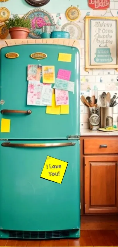 Vintage teal fridge in cozy kitchen with colorful notes.