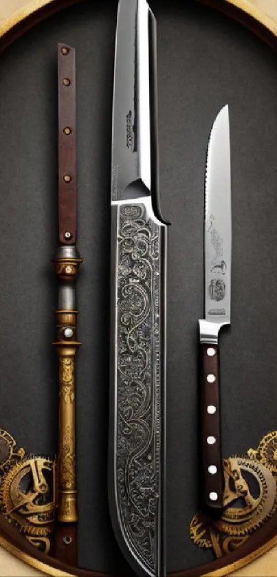 Intricate vintage knives on a steampunk-themed wallpaper.