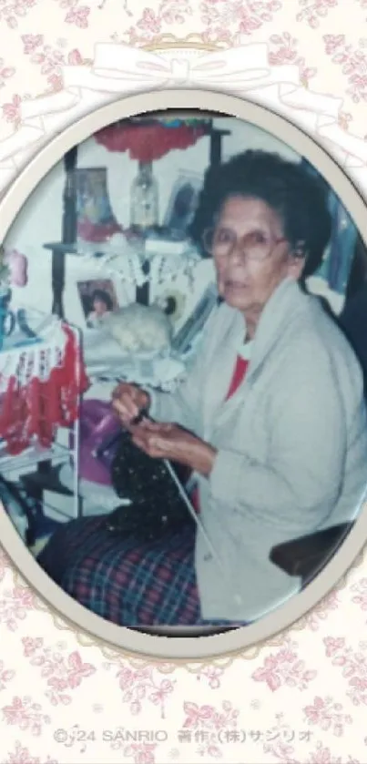 Vintage wallpaper of a grandmother knitting in a floral frame.