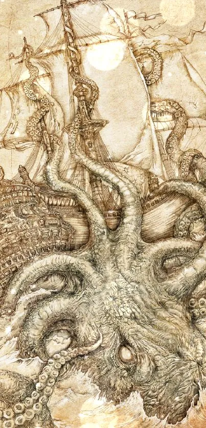 Vintage illustration of a kraken attacking a ship with sepia tones and intricate details.