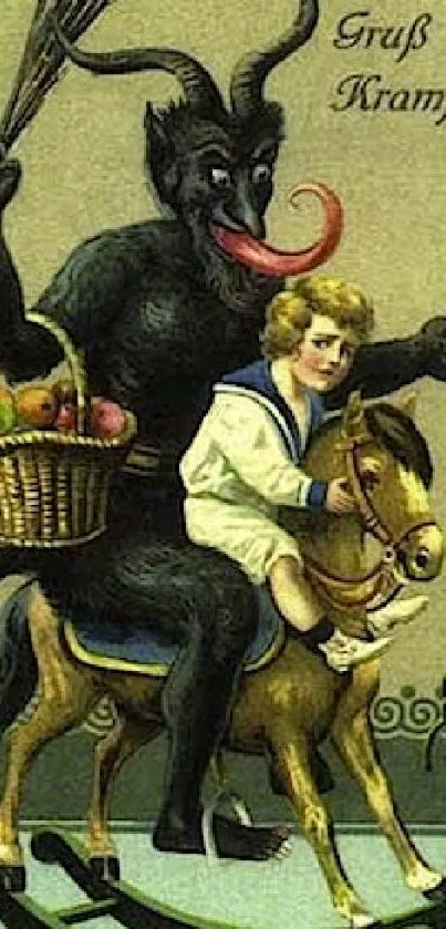 Vintage Krampus illustration with a child on horseback.