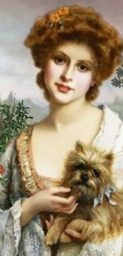 Vintage painting of a lady holding a dog with lush greenery background.