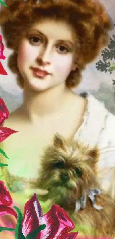 Vintage lady with dog amidst flowers in a classic portrait style.