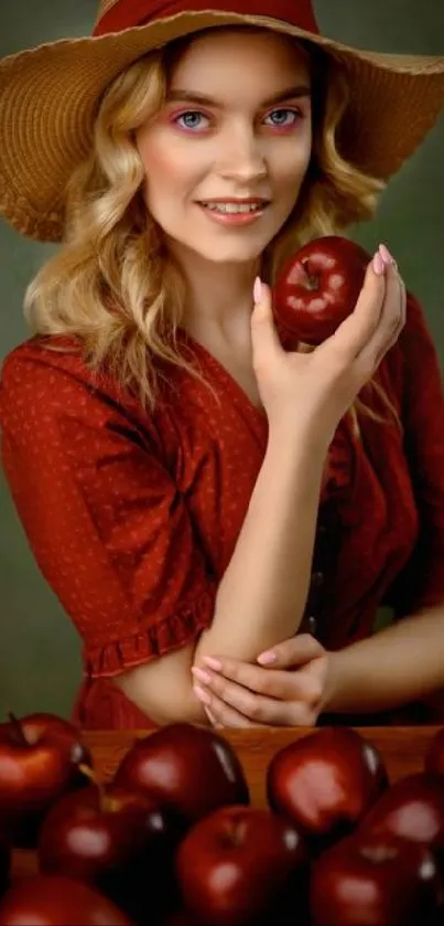 Vintage woman holding an apple, surrounded by rich colors in a classic style.