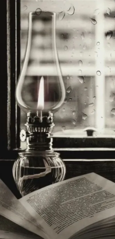 Vintage oil lamp with open book by rainy window.