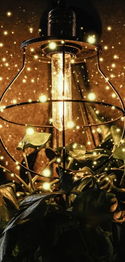 Vintage lamp with glowing leaves and sparkles on a dark background.