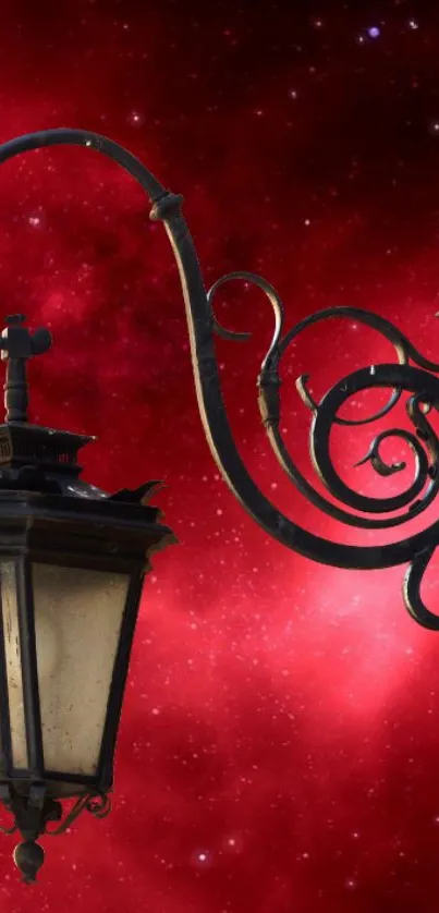 Vintage street lamp set against a cosmic red galaxy background.